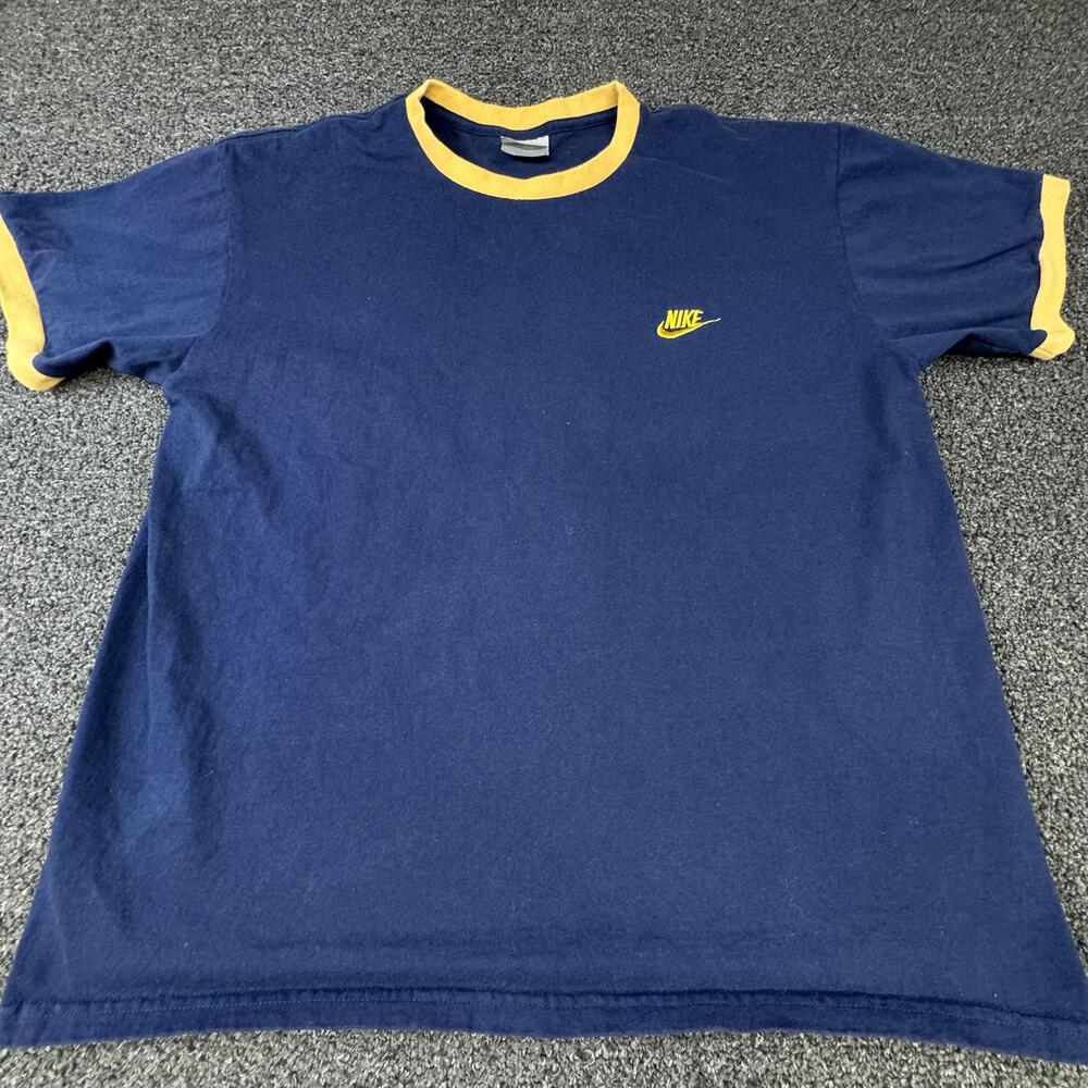 Nike Shirt Mens L Blue Ringer Crew Neck Short Sleeve Jersey Embroidered Swoosh